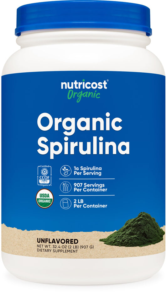 Nutricost Organic Spirulina bottle with scoop for easy daily greens.