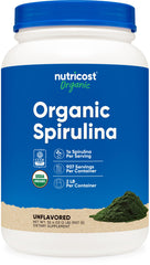 Nutricost Organic Spirulina bottle with scoop for easy daily greens.