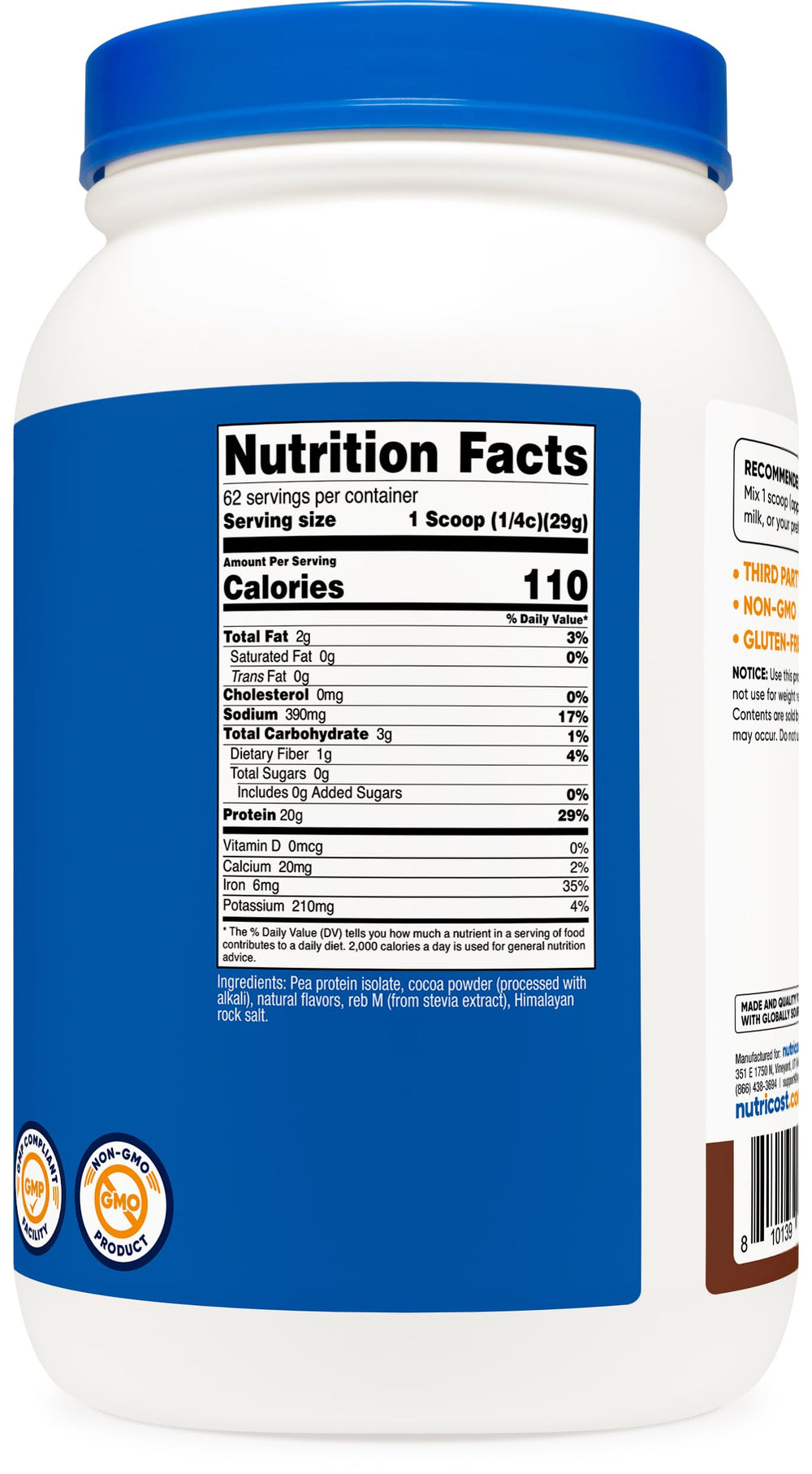 Nutricost pea protein powder chocolate facility tag showing NSF, GMP, and FDA compliance.