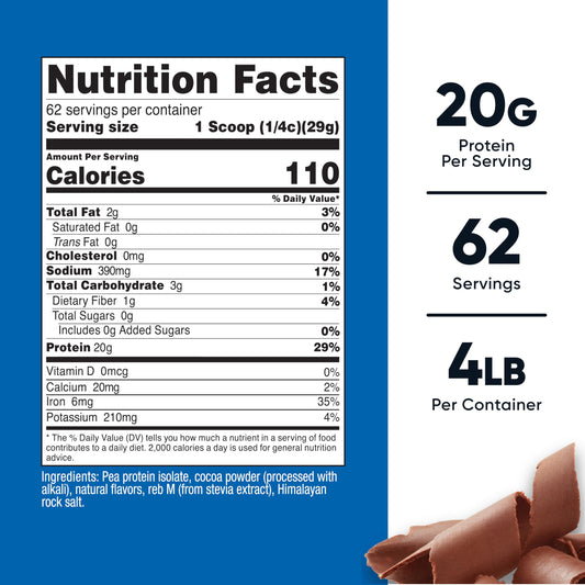 Nutricost pea protein powder chocolate ingredients panel, GMO-free and gluten-free formula.