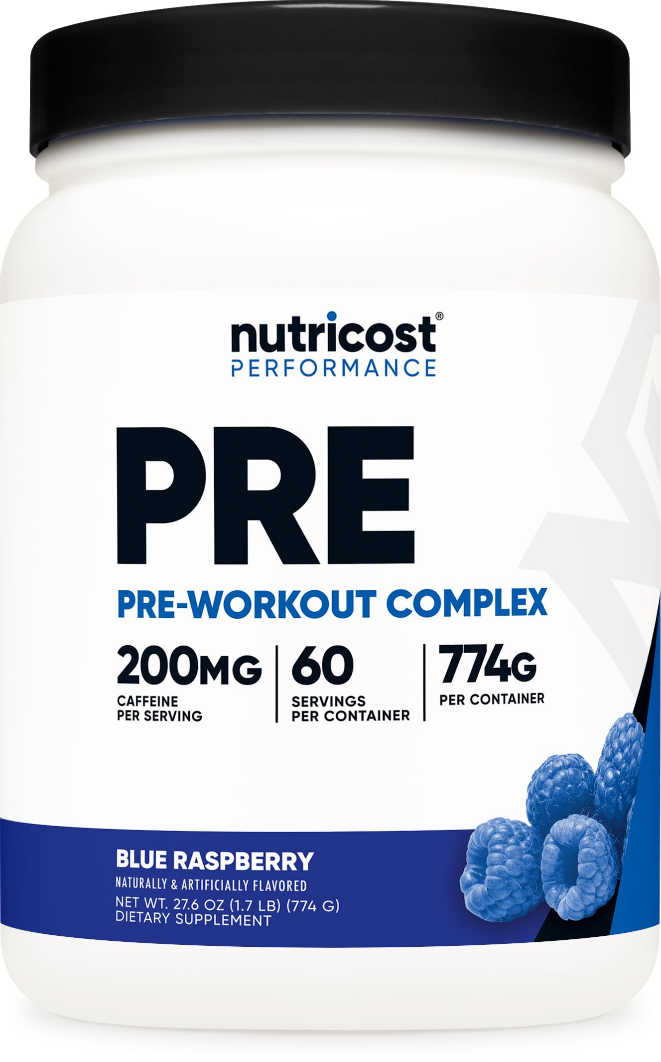Nutricost Pre-Workout Blue Raspberry bottle boosts energy for training sessions.