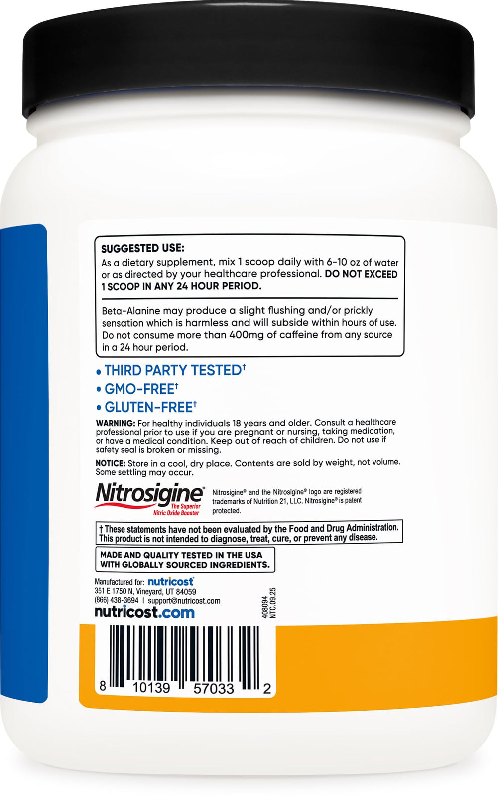 Nutricost Pre-Workout tub highlighting quality and compliance standards.