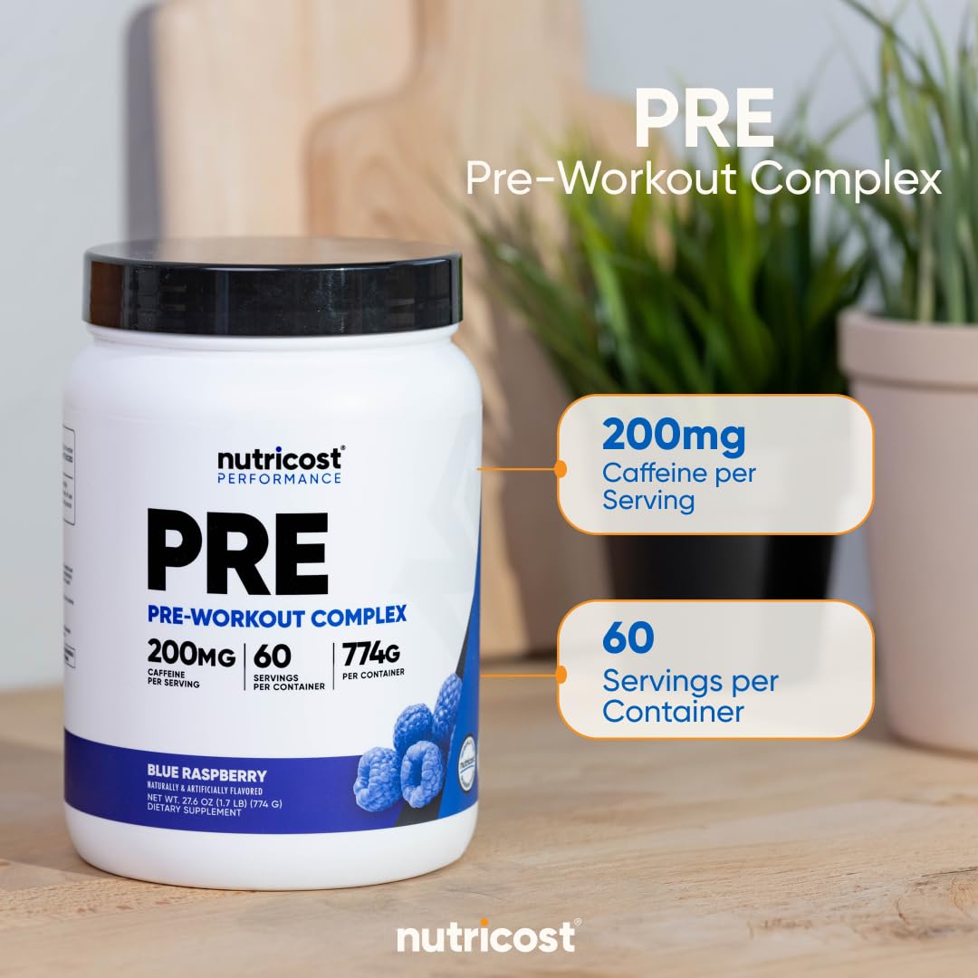Nutricost Pre-Workout container label highlights GMP quality and safety standards.