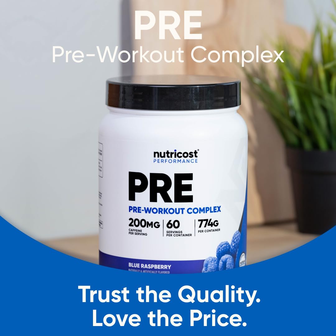 Nutricost Pre-Workout powder in glass demonstrates quick mix and vibrant color.