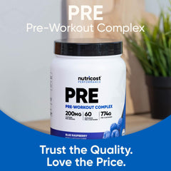 Nutricost Pre-Workout powder in glass demonstrates quick mix and vibrant color.