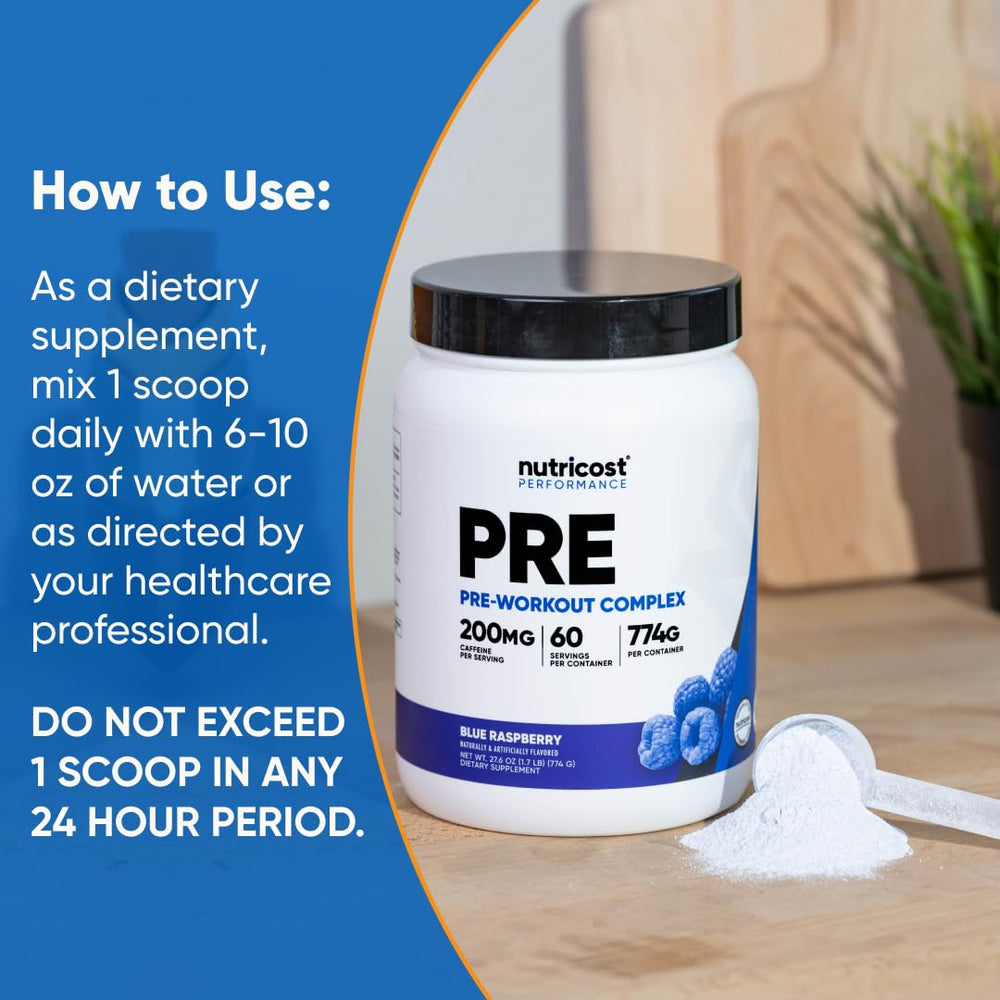 Nutricost Pre-Workout ingredients graphic highlights beta-alanine and citrulline benefits.