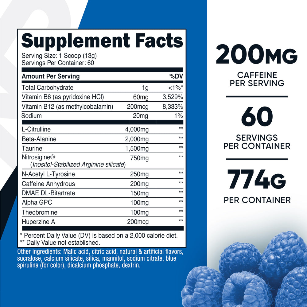 Nutricost Pre-Workout Peach Mango bottle delivers tropical flavor to stay focused.