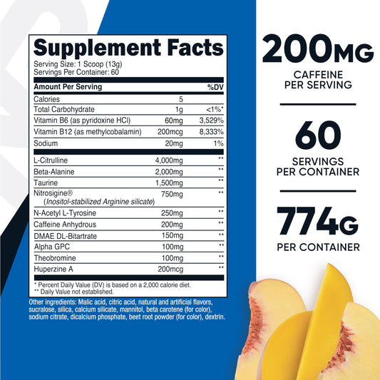 Nutricost Pre-Workout peach mango powder delivers flavorful energy for training.