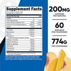 Nutricost Pre-Workout peach mango powder delivers flavorful energy for training.