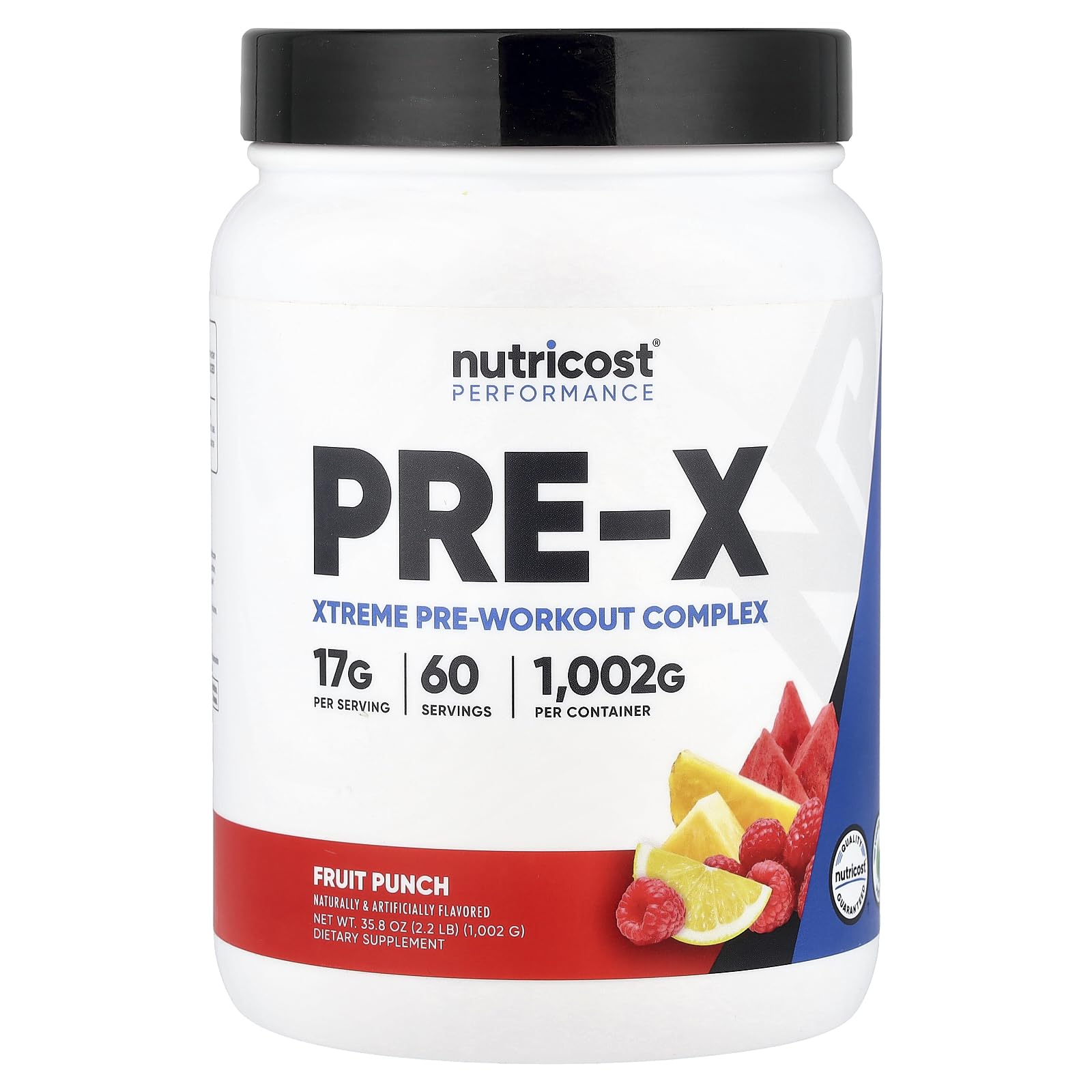 Nutricost Pre-X Xtreme fruit-punch bottle label shows 15 g per serving.