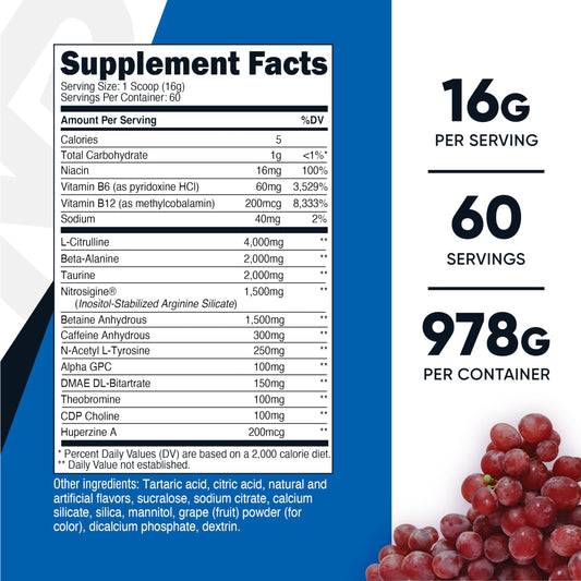 Nutricost Pre-X Xtreme grape scoop resting on the container for easy serving.