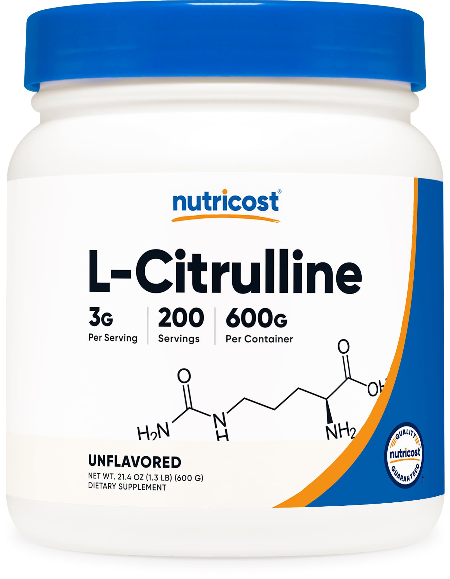 Nutricost Pure L-Citrulline Base powder jar labeled for daily use.