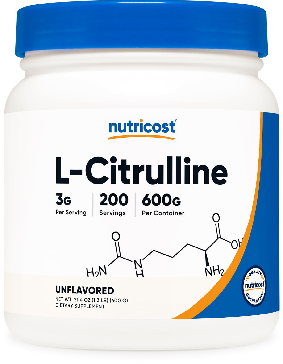 Nutricost Pure L-Citrulline Base powder jar labeled for daily use.