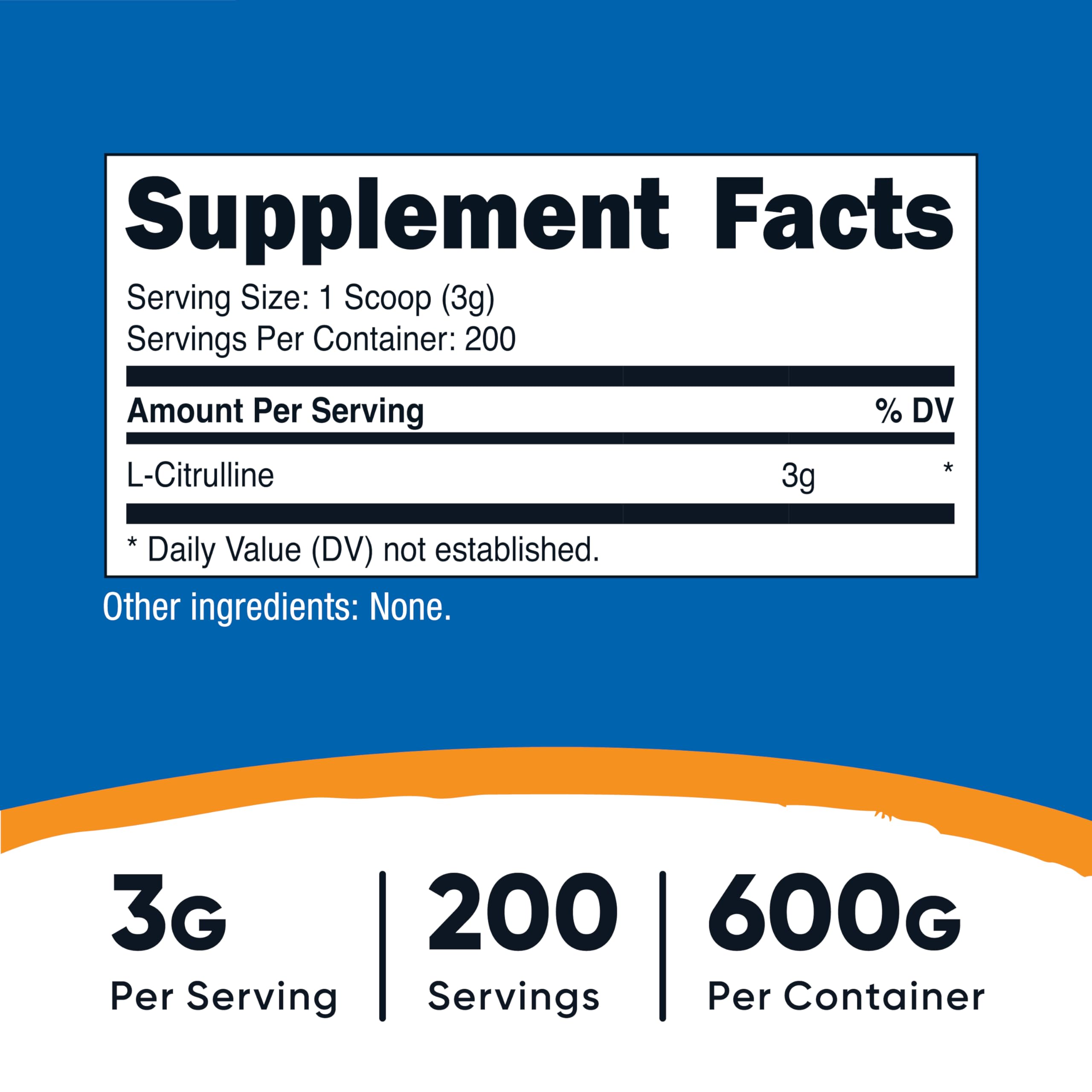 Close-up of Nutricost L-Citrulline Base label on the powder container.