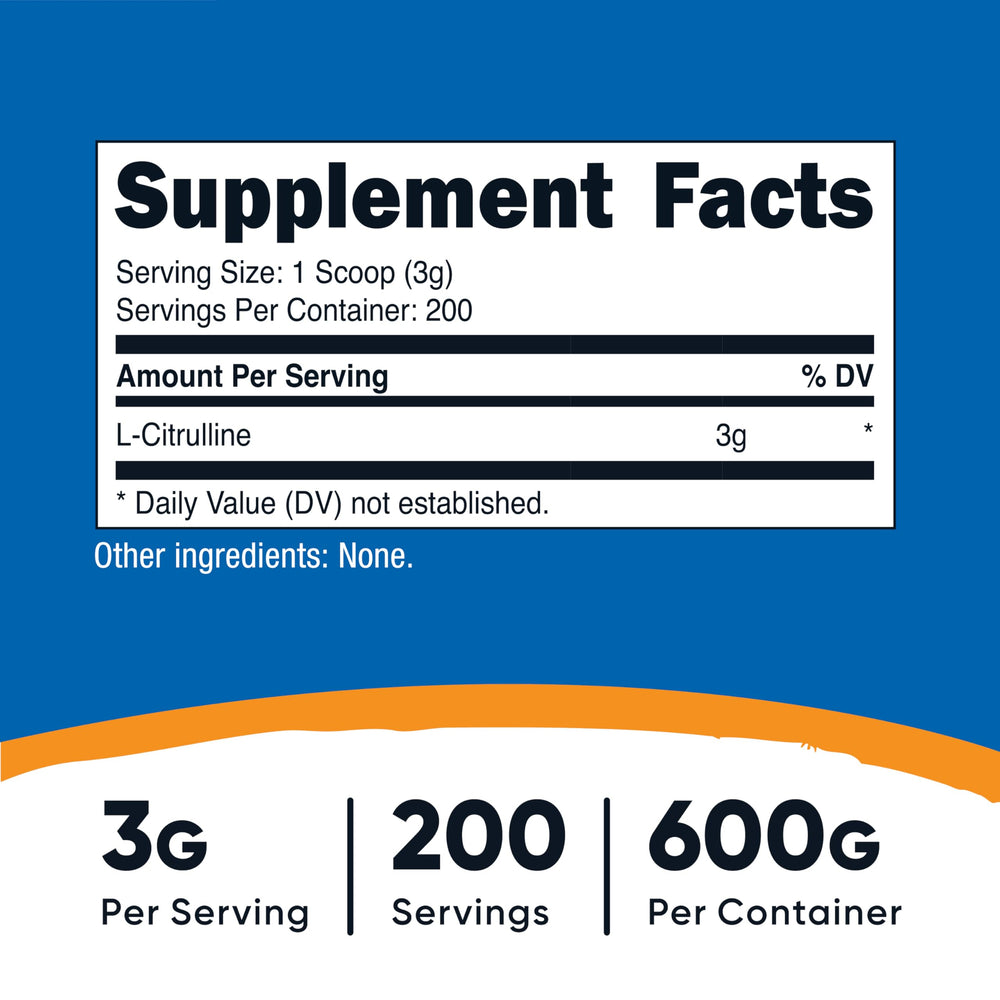 Close-up of Nutricost L-Citrulline Base label on the powder container.