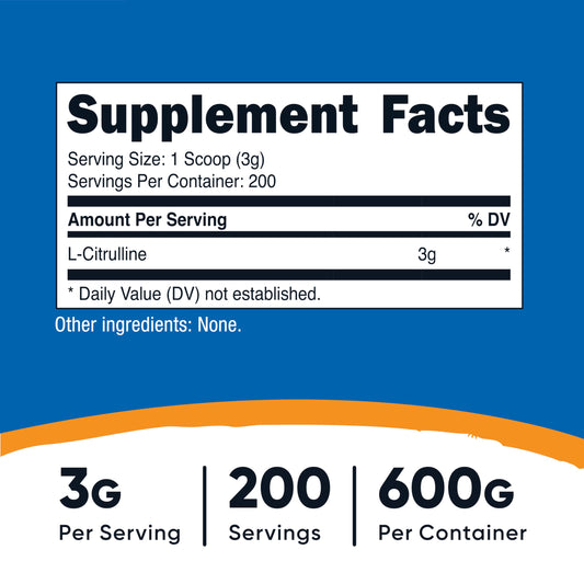 Close-up of Nutricost L-Citrulline Base label on the powder container.