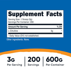 Close-up of Nutricost L-Citrulline Base label on the powder container.