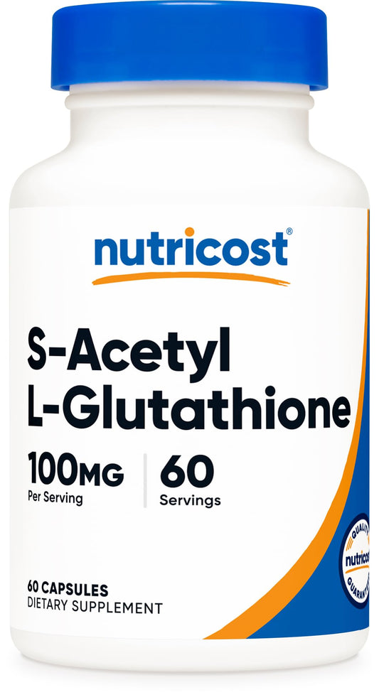 Nutricost S-Acetyl L-Glutathione bottle showing two-month supply and label for vegan use