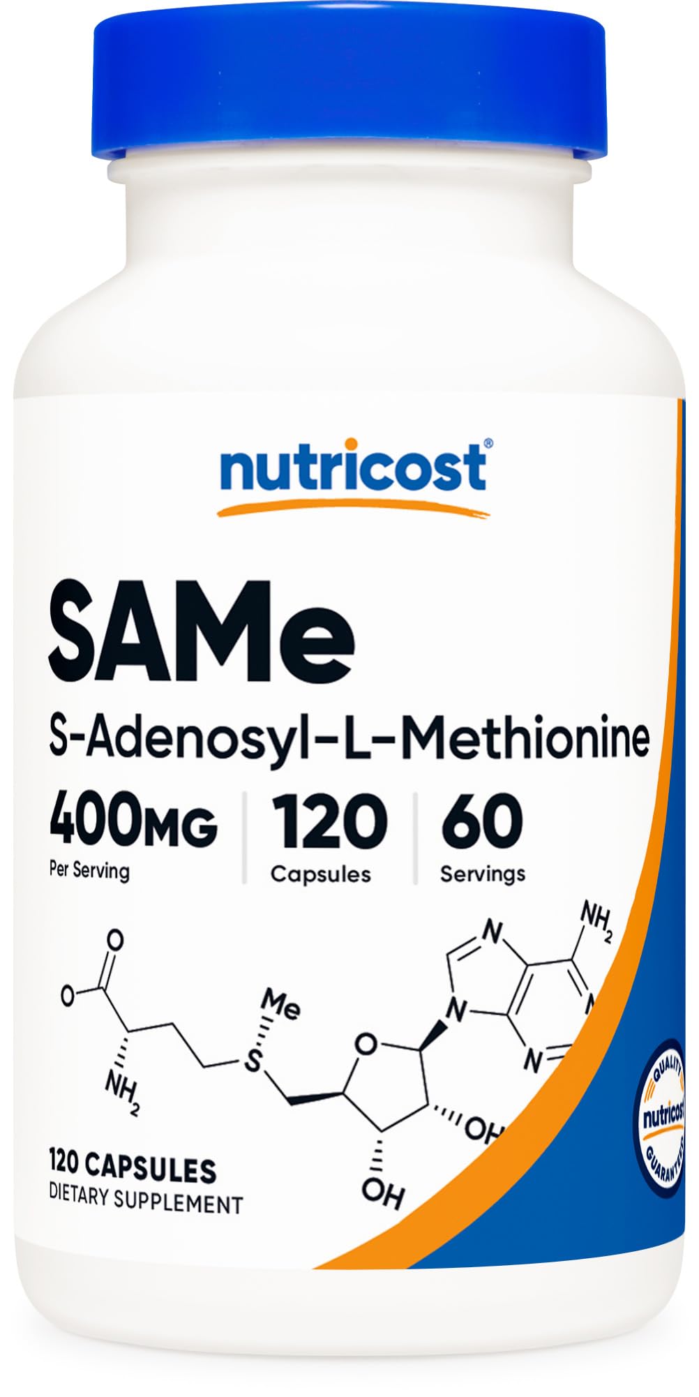 Nutricost SAM-e bottle front displaying 400 mg serving for daily use