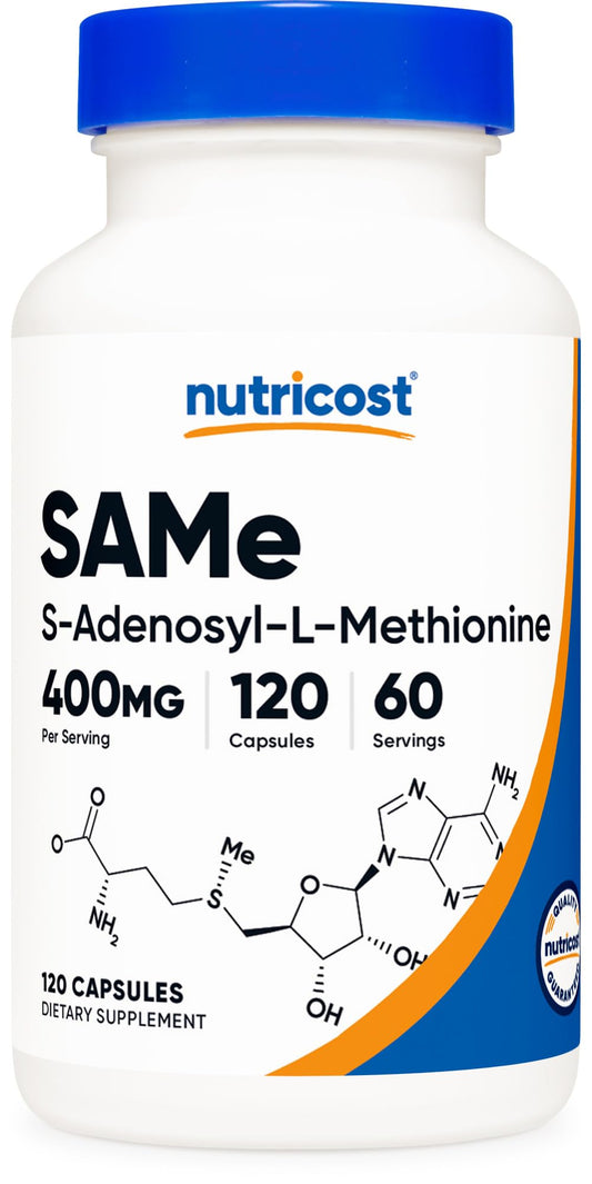 Nutricost SAM-e bottle front displaying 400 mg serving for daily use