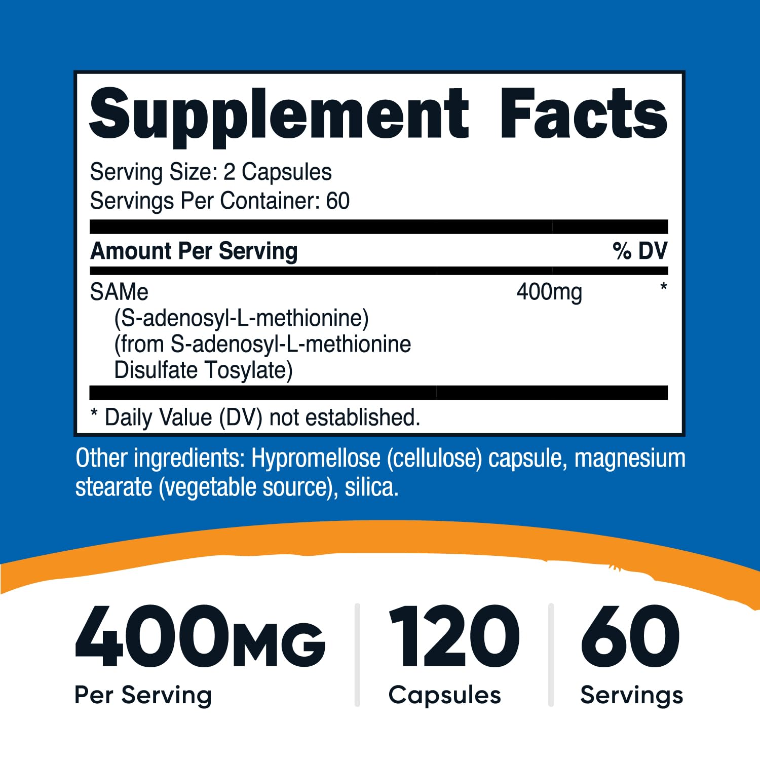 Nutricost SAM-e capsules closeup highlighting veggie capsules and 200 mg per capsule