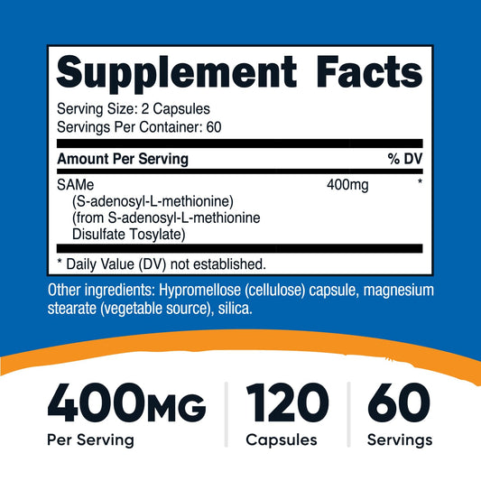 Nutricost SAM-e capsules closeup highlighting veggie capsules and 200 mg per capsule