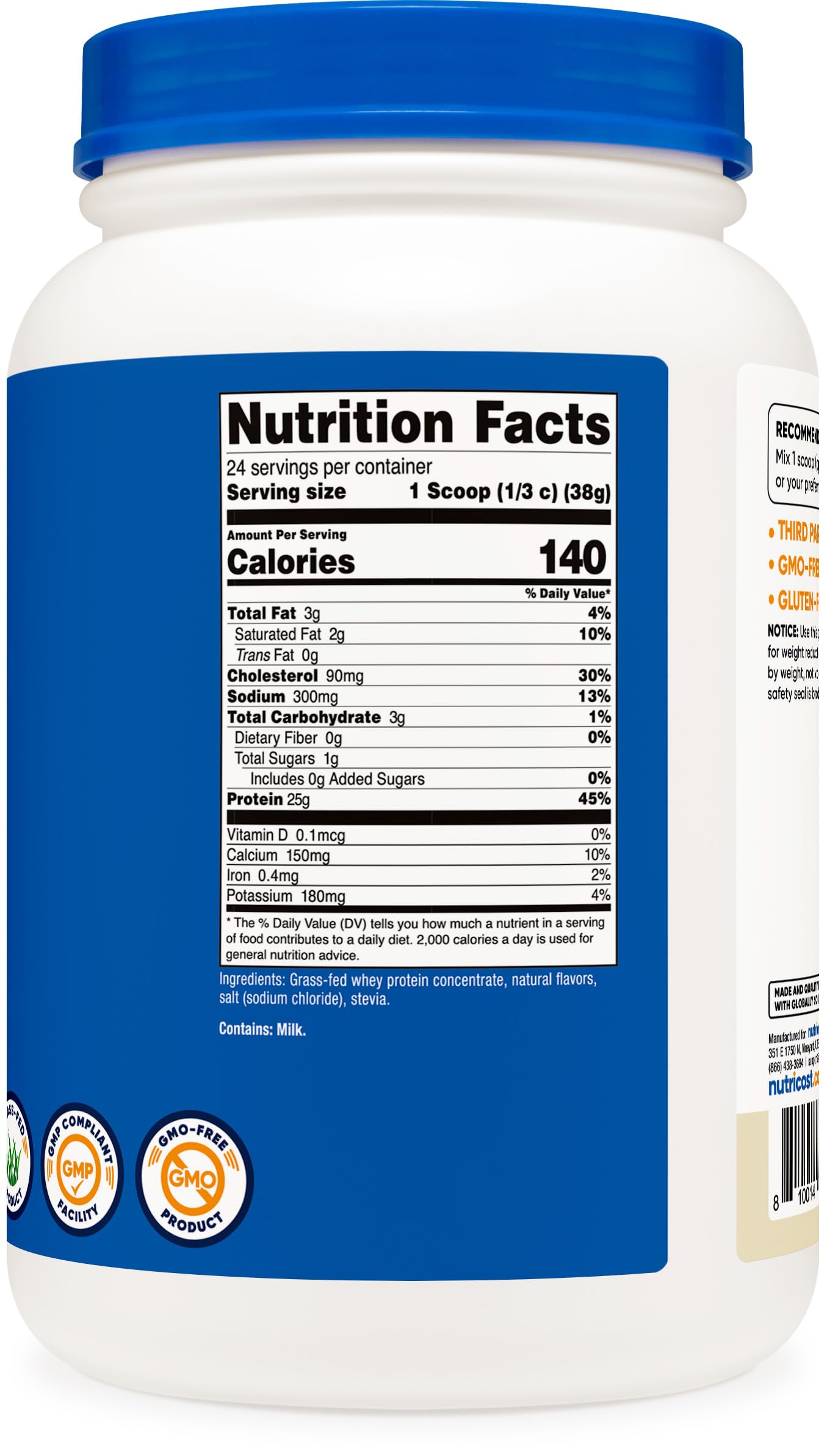 Nutricost vanilla whey scoop beside resealable bag for versatile use