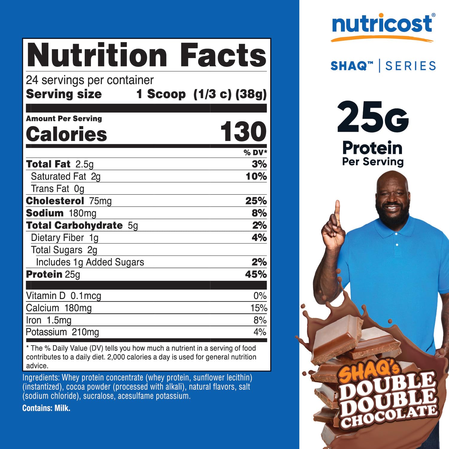 Nutricost Shaq Double Double Chocolate powder scoop in tub for quick mix