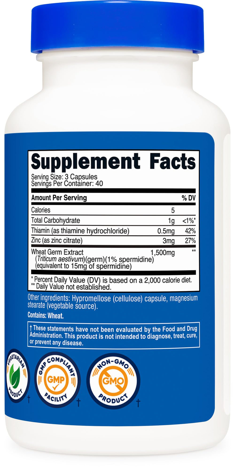Nutricost Spermidine Wheat Germ Extract bottle closeup highlights vegetarian, Non-GMO formula.
