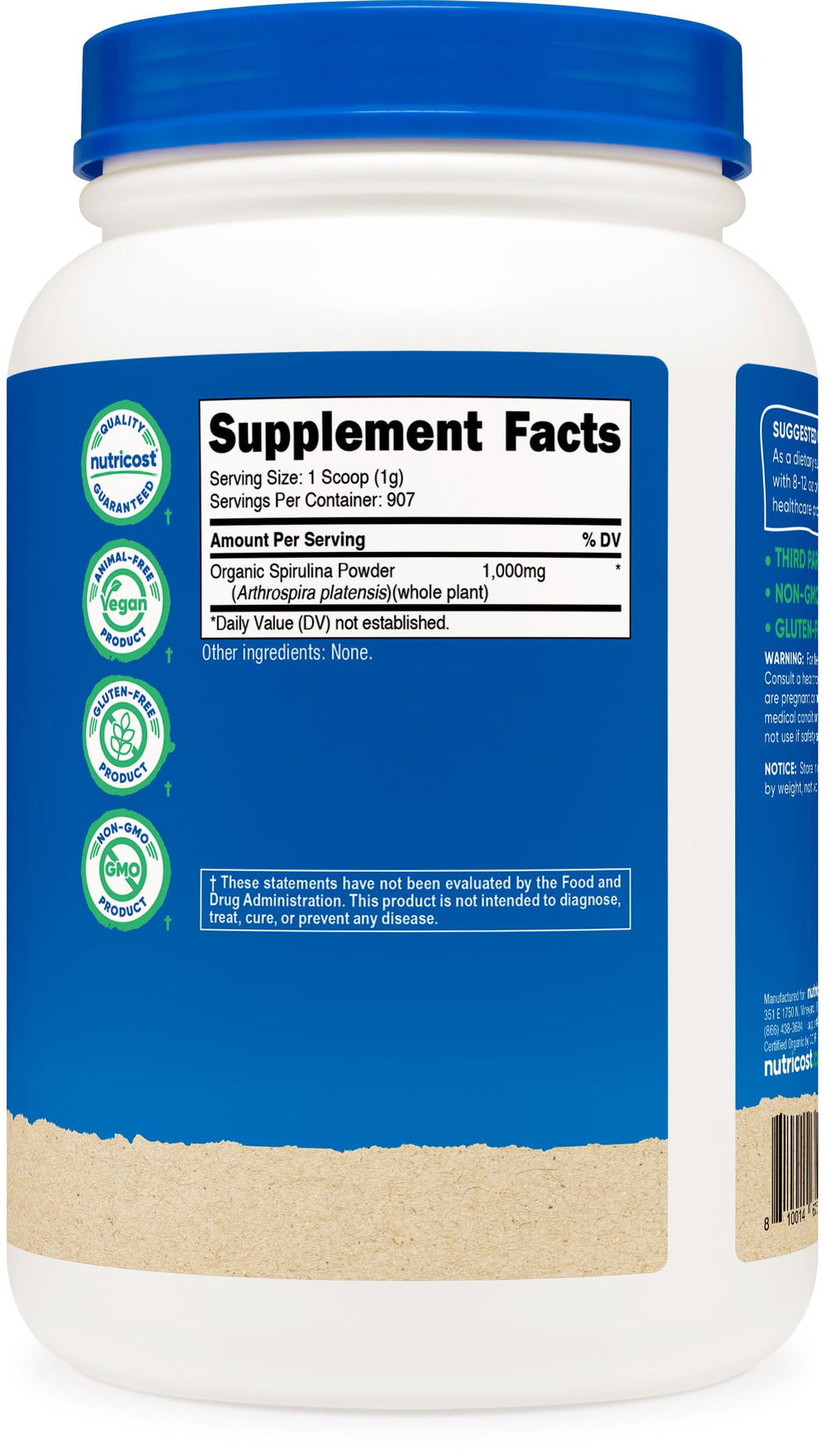 Nutricost spirulina powder in glass with spoon ready for nutrient-dense drinks.