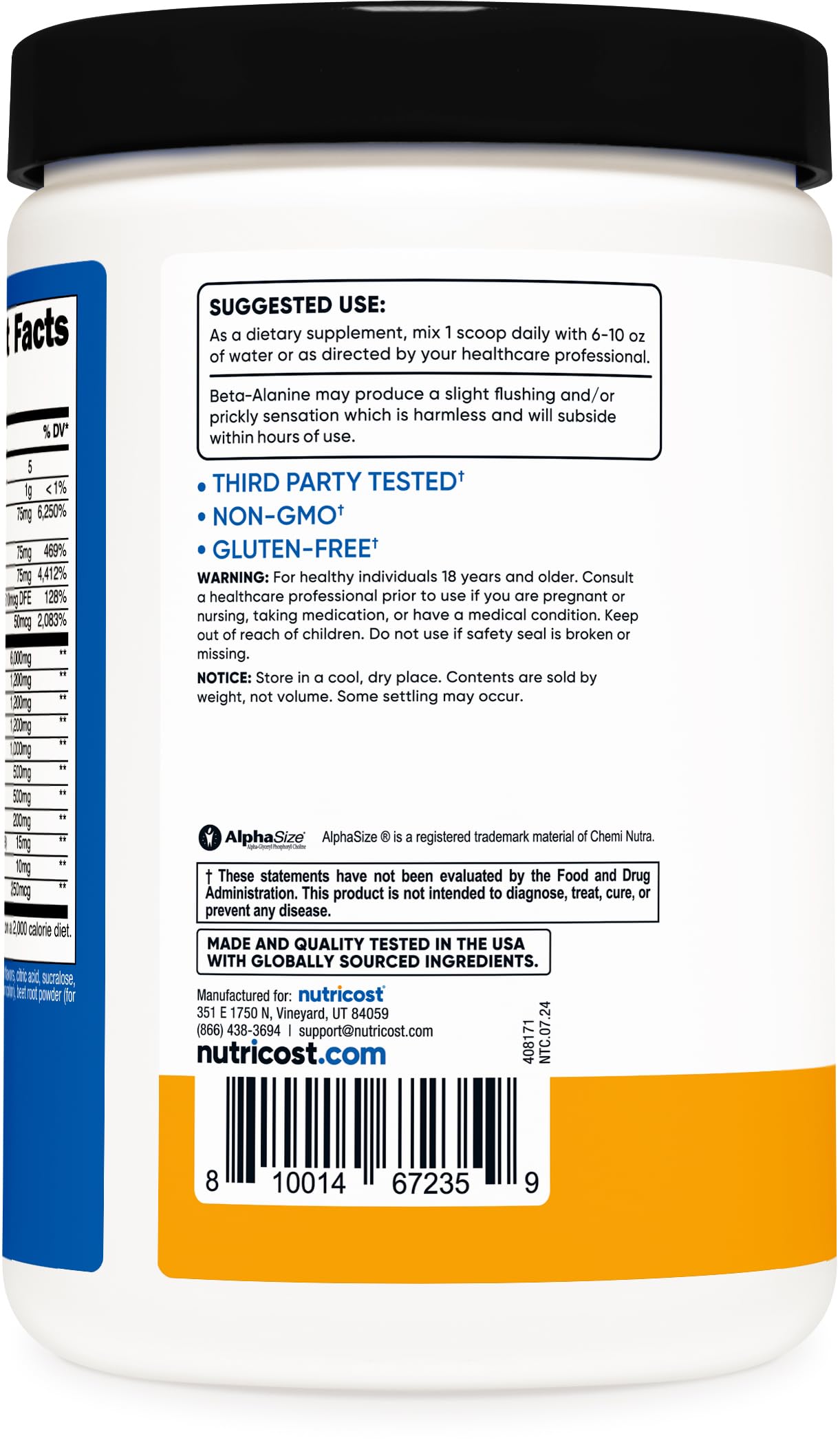 Nutricost Stim-Free tub with gluten-free badge, suitable for sensitive diets