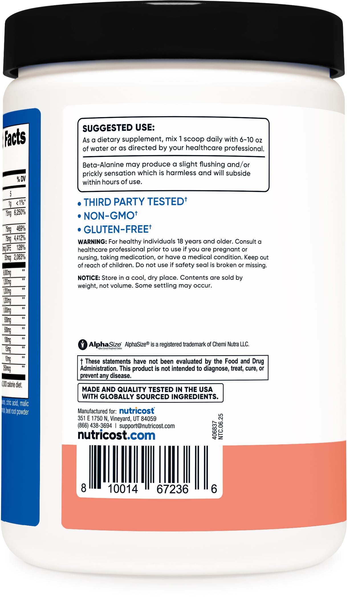 Nutricost Stim-Free Pre-Workout label close-up highlighting non-GMO and allergen-free claims