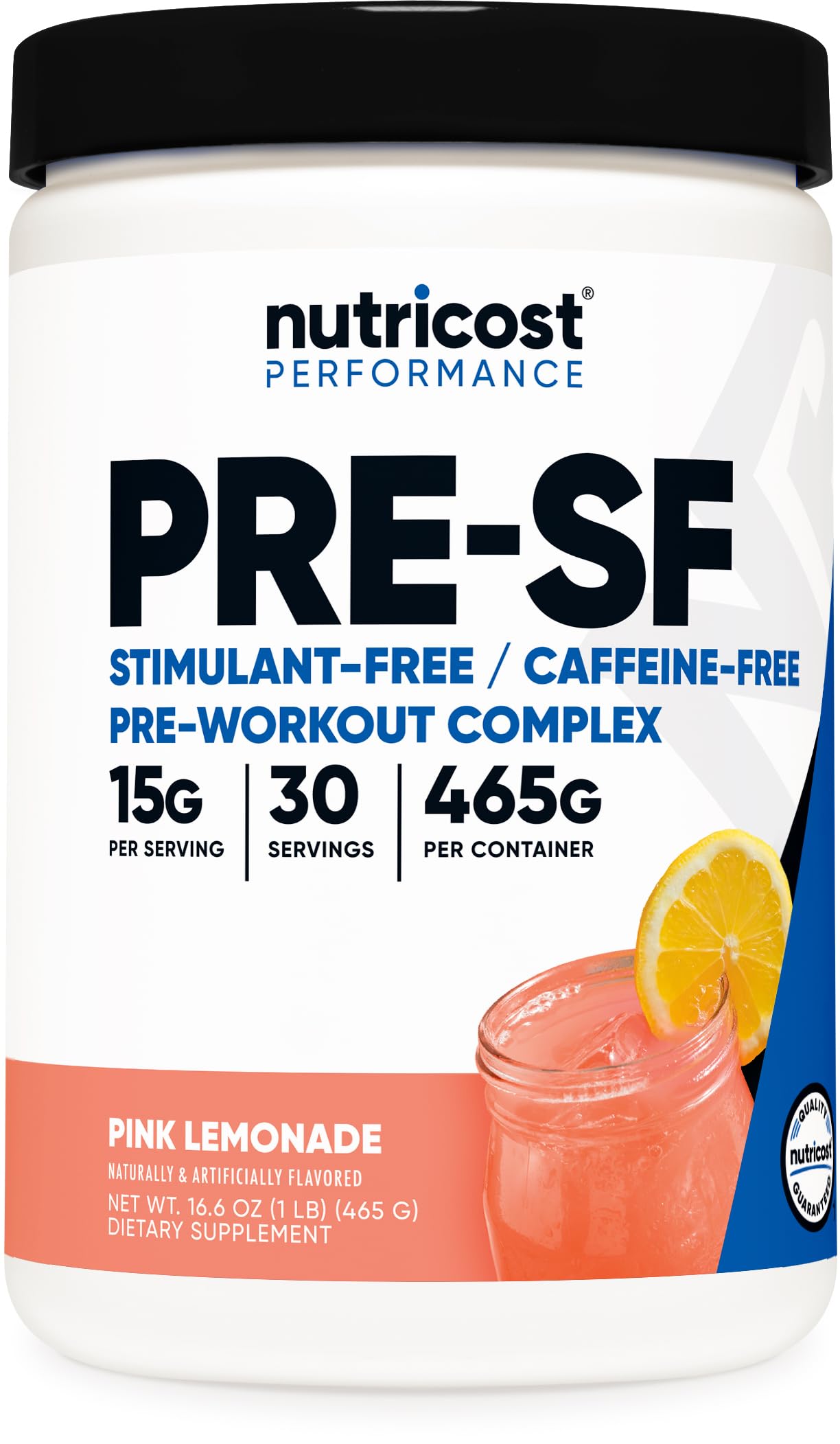 Nutricost Stim-Free Pre-Workout pink lemonade bottle for caffeine-free focus