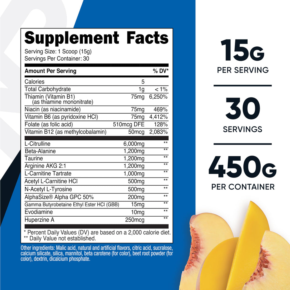 Nutricost Stim-Free Pre-Workout scoop beside tub, stimulant-free formula for calm workouts