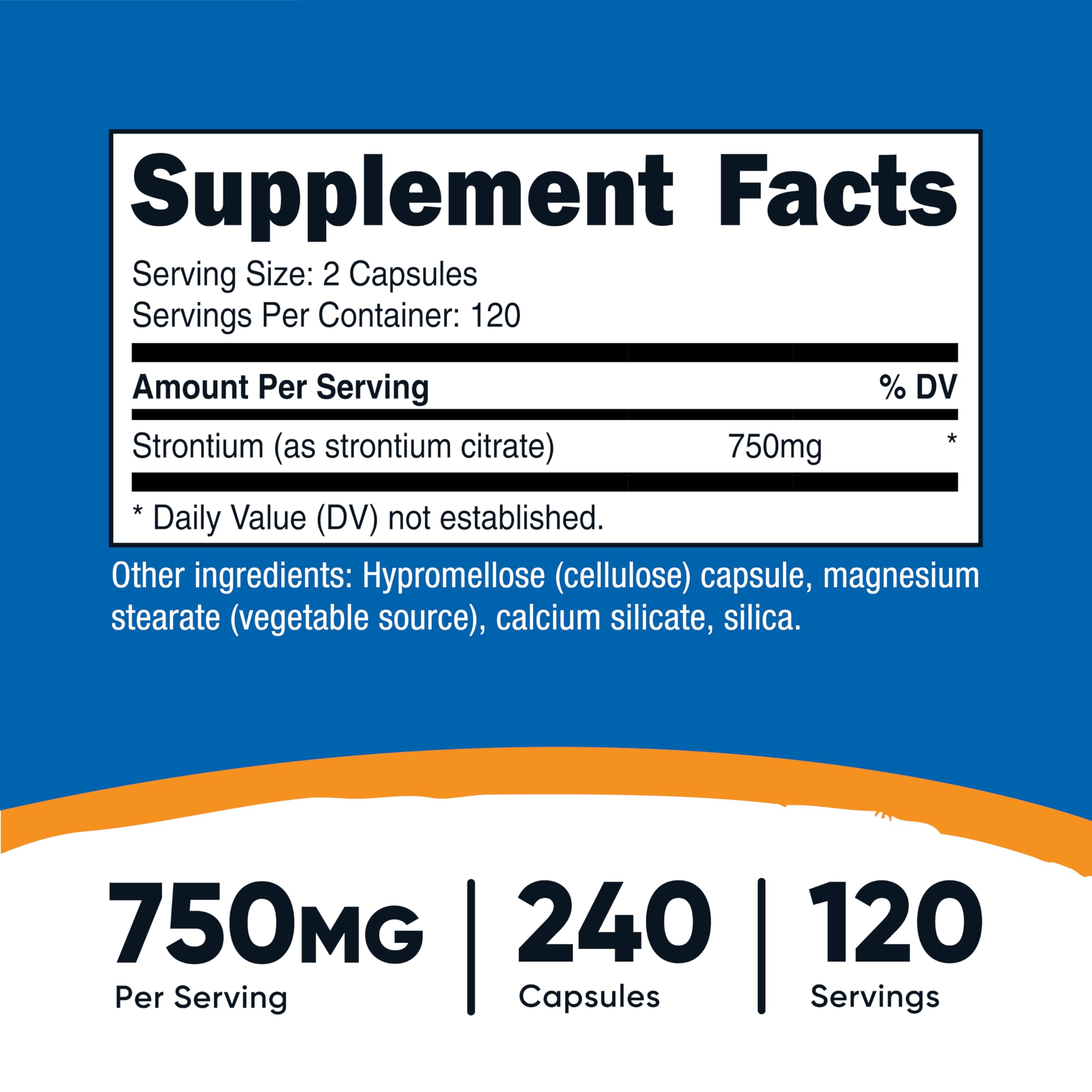 Close-up of the bottle label highlighting 750 mg per serving and testing.