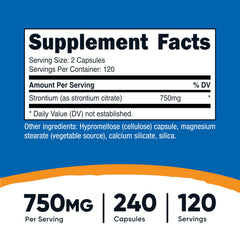 Close-up of the bottle label highlighting 750 mg per serving and testing.