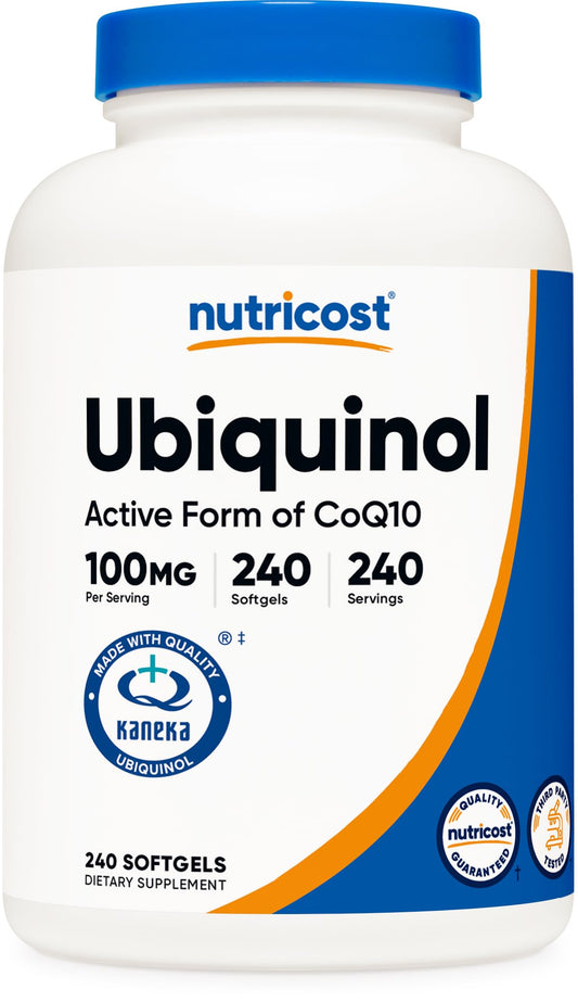 Nutricost Ubiquinol softgels bottle showing 100 mg CoQ10 for daily wellness