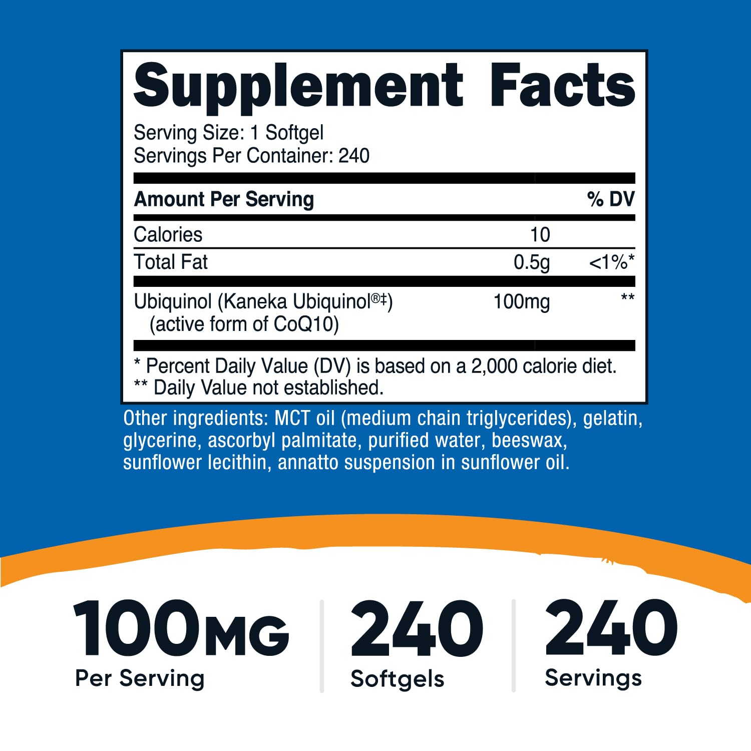 Nutricost ubiquinol softgels closeup highlighting glossy cap and 100 mg dosage