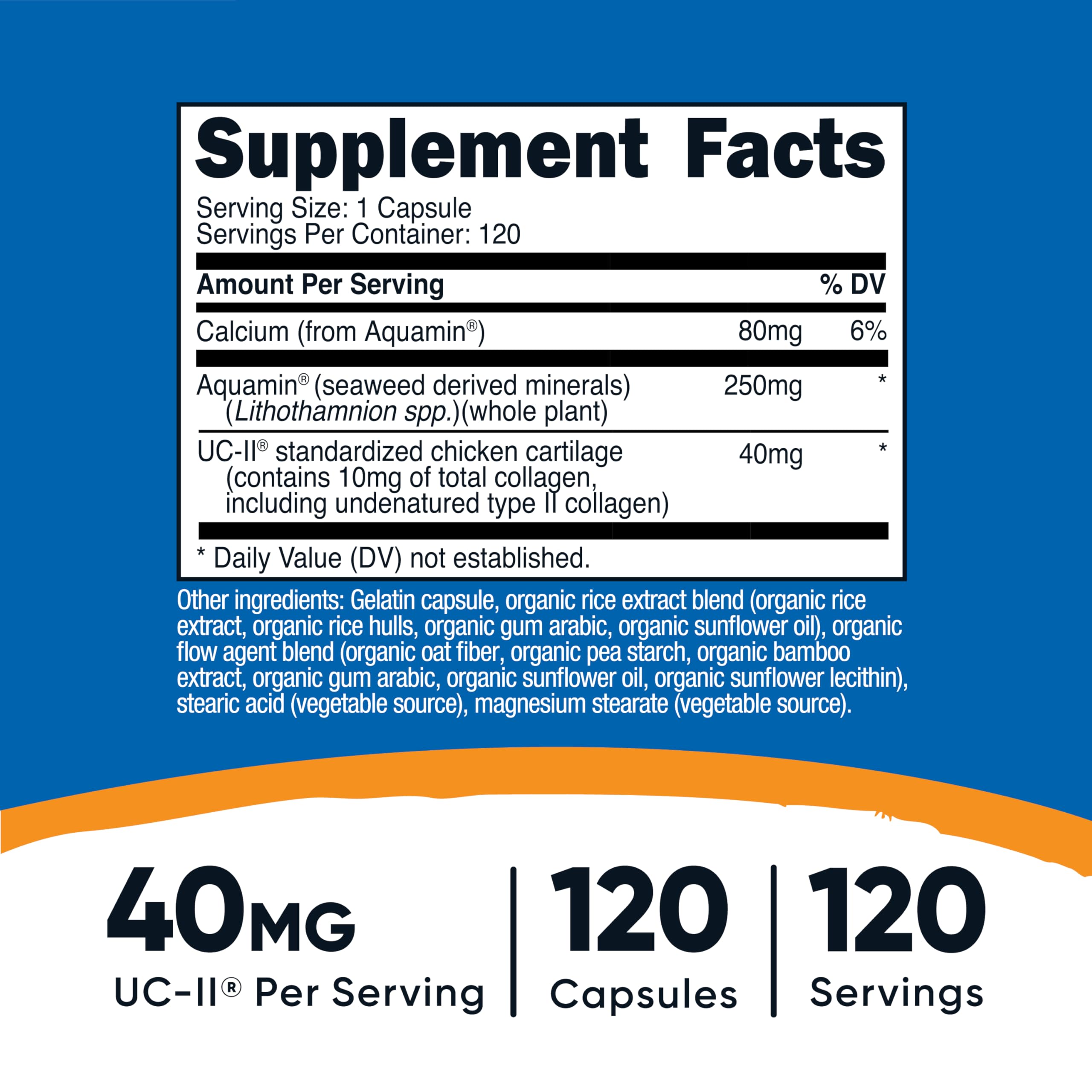 Nutricost UC-II Collagen 40mg bottle back; dosage and ingredients visible