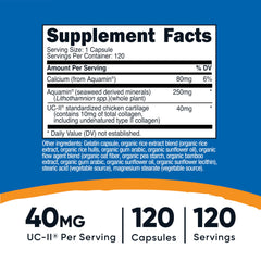 Nutricost UC-II Collagen 40mg bottle back; dosage and ingredients visible
