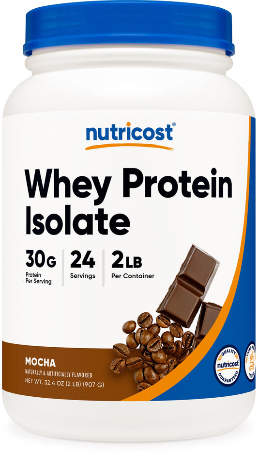 Nutricost Whey Protein Isolate Mocha bottle with scoop for post-workout recovery.