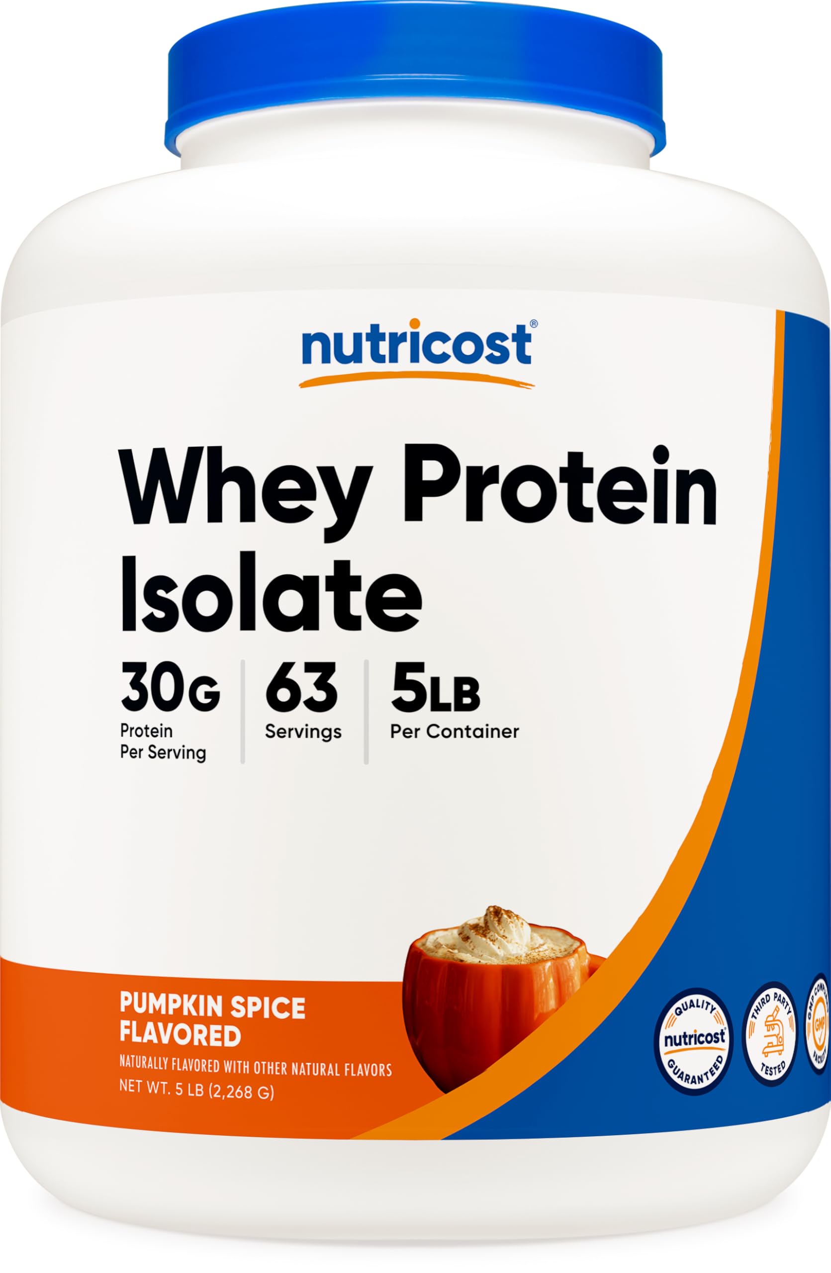 Nutricost Whey Isolate Pumpkin Spice tub front, premium protein option for workouts