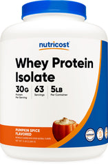 Nutricost Whey Isolate Pumpkin Spice tub front, premium protein option for workouts