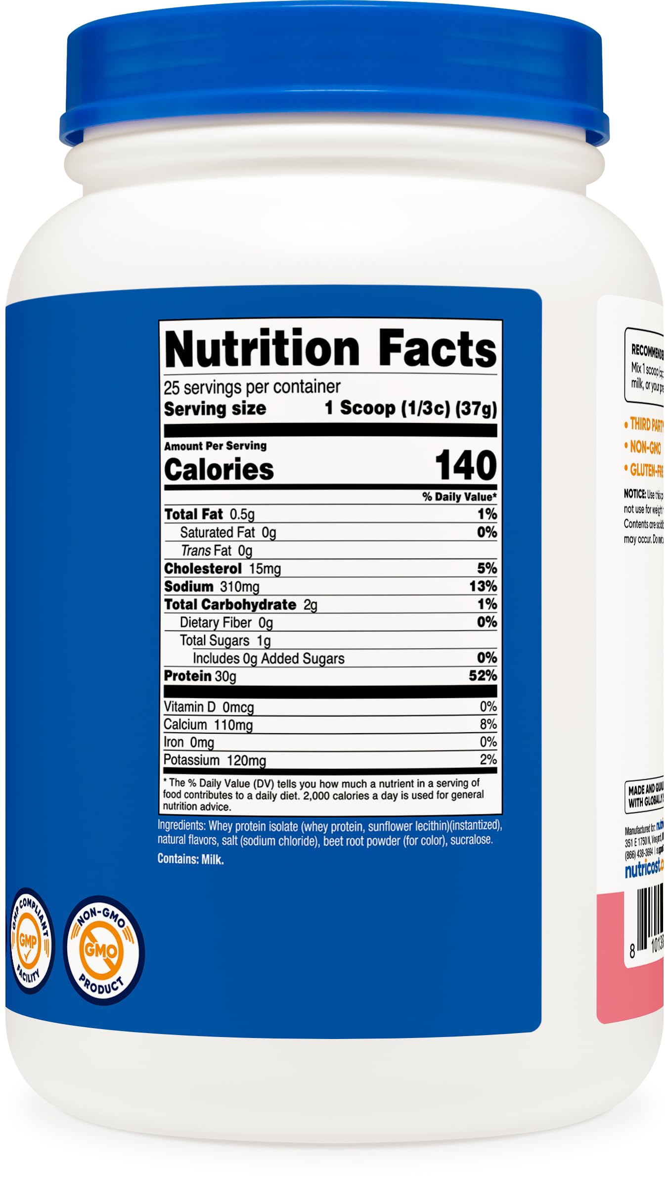 Nutricost Whey Isolate Strawberry Milkshake label highlights quality and facility origin