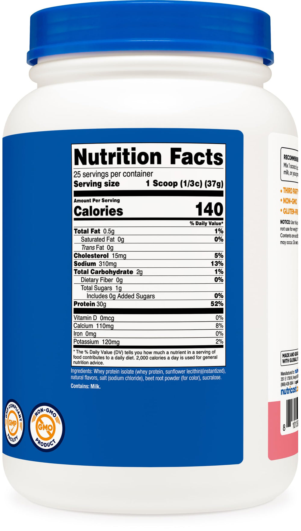 Nutricost Whey Isolate Strawberry Milkshake label highlights quality and facility origin