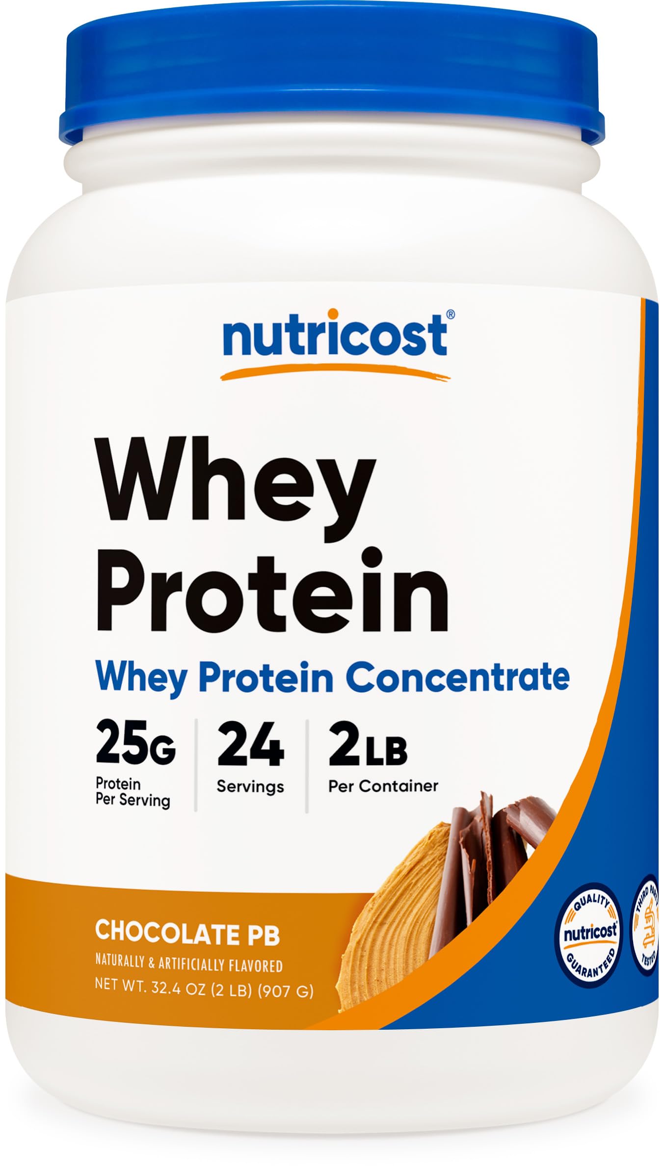 Nutricost Whey Protein Concentrate Chocolate Peanut Butter bottle shows 2 lb size for post-workout fueling.