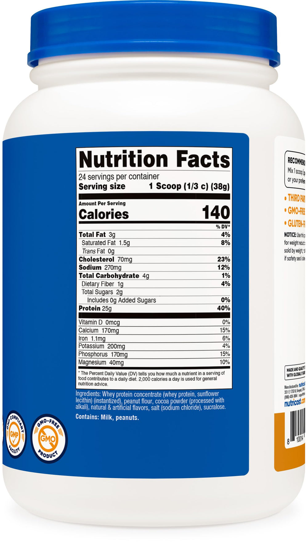 Nutricost protein powder tub features GMP and FDA registration for quality.