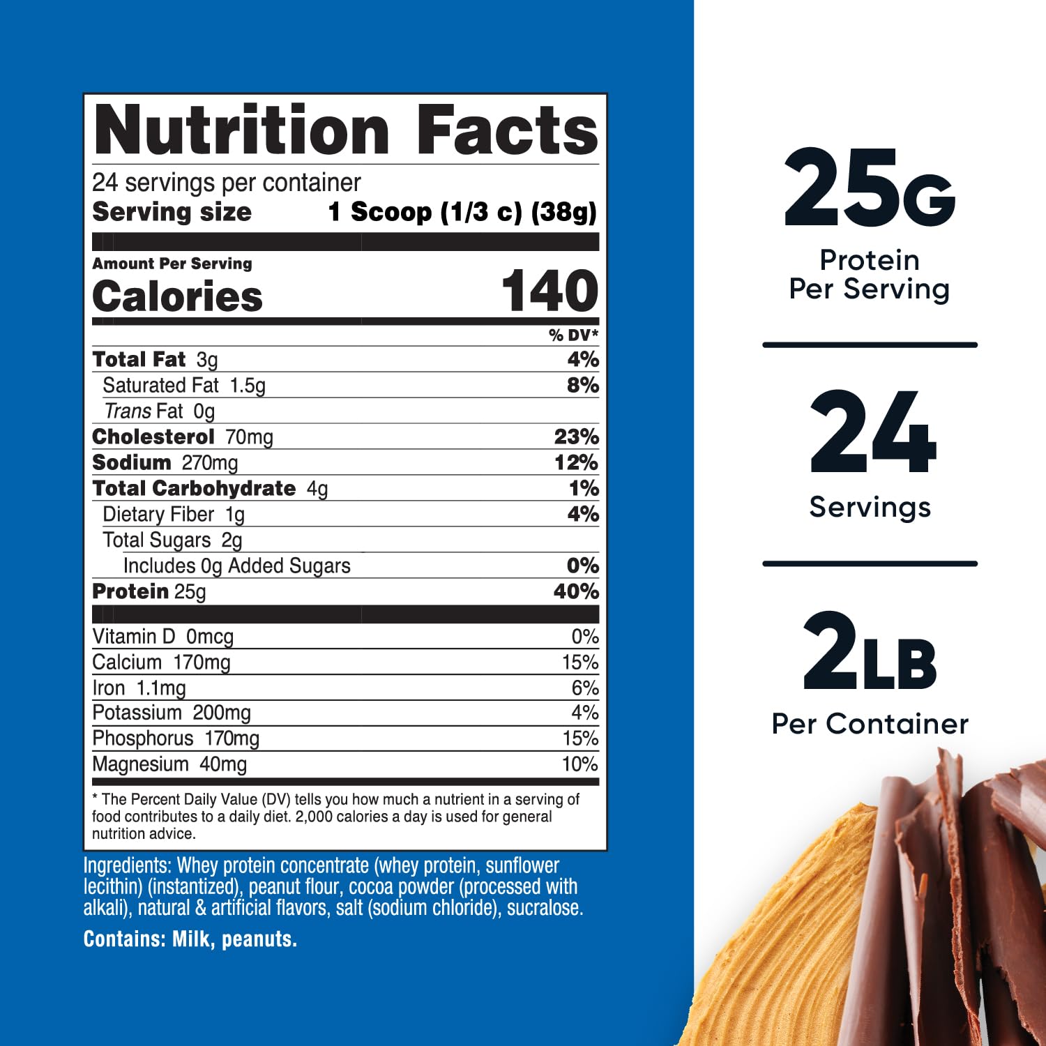 Nutricost Whey Protein Concentrate Chocolate Peanut Butter serving cup illustrates rich flavor for shakes.