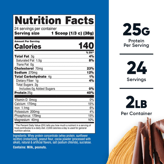 Nutricost Whey Protein Concentrate Chocolate Peanut Butter serving cup illustrates rich flavor for shakes.
