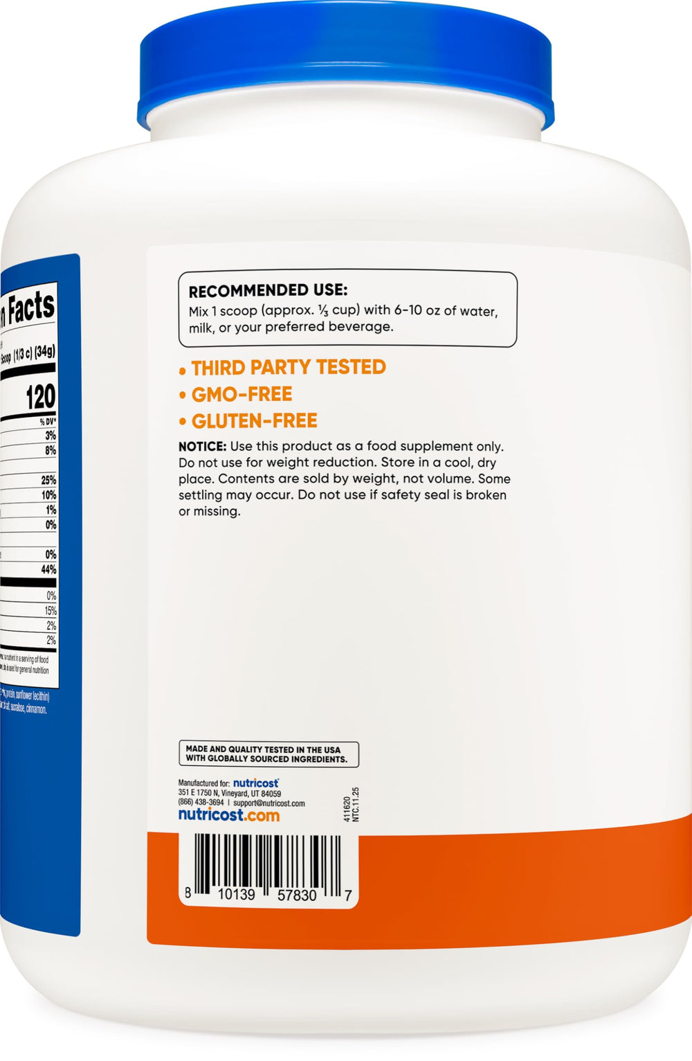Nutricost label on tub highlights gluten-free and GMO-free ingredients